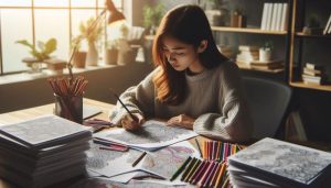 Woman Coloring Pages A woman sitting at a table with lots of adult coloring pages, coloring and relaxed