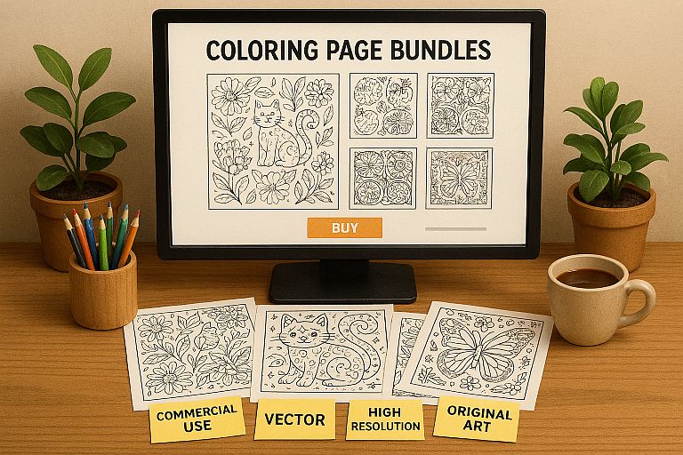 A cozy desk scene with coloring pages on desk.