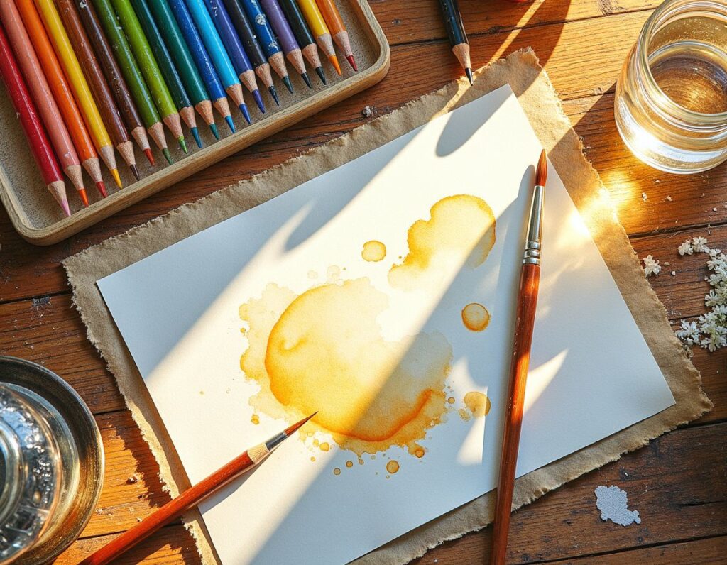 blending watercolour pencil marks with a fine brush on textured watercolour paper.